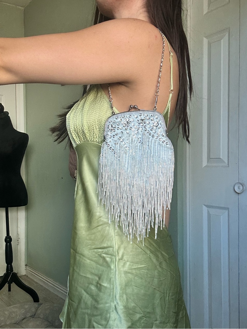 Blue Beaded Fringe Kisslock Shoulder Bag